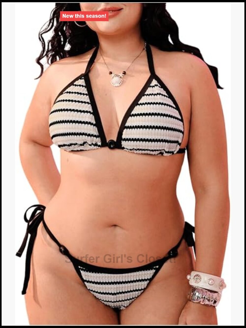 Plus Size Striped String Bikini Triangle Halter Thong Swimsuit Set